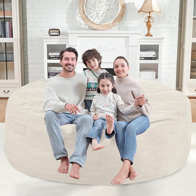 6FT Bean Bag Chair, Large Bean Bag Chairs with Memory Foam Filled, Fluffy Beanbag Sofa with Dutch Velvet Cover, Round BeanBag Chairs for Living Room, Playroom- Beige-CubbioJoy