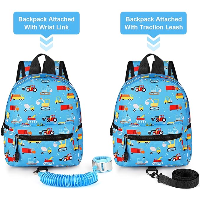 Accmor Toddler Backpack with Leash, Baby Backpacks with Anti Lost Wrist Link, Cute Mini Kids Backpack Leash Walking Harness for Travel, Small Excavator Backpack Tether for Boys Girls 1-3 (Light Blue)-CubbioJoy