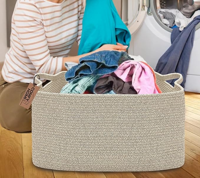COMFY-HOMI Large Rectangular Blanket Basket, Woven Cotton Rope Baskets for Storage, Laundry Hamper Basket, Storage Bin,Toy Organizing Bin with Handle, Organization and Storage-22x15x12”-Brown-CubbioJoy