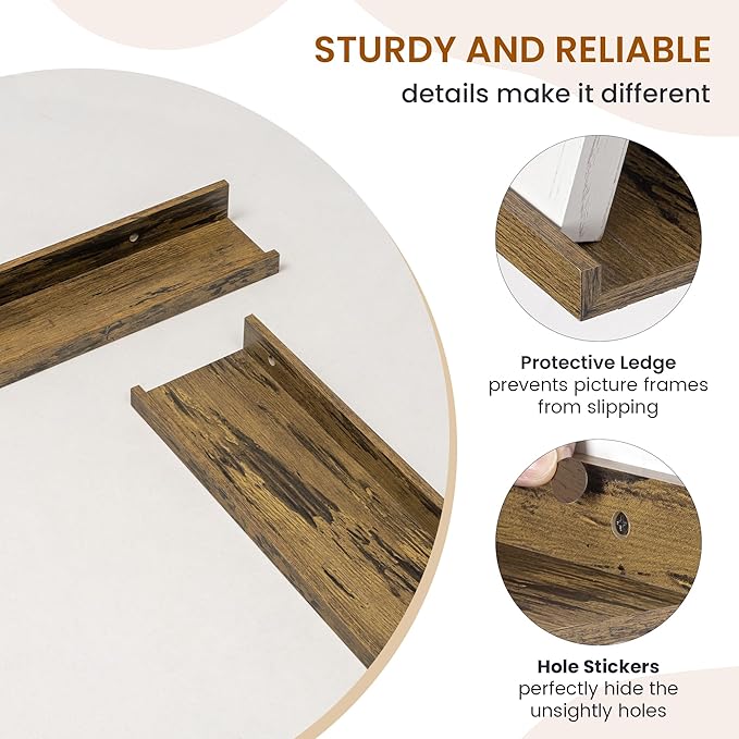 Axeman Picture Ledge Shelf, Floating Shelves for Wall Storage Set of 6, 16 inch Floating Wall Mounted Shelves, Wall Shelves with Lip for Living Room, Bedroom, Nursery, Bathroom, Kitchen, Rustic Brown-CubbioJoy