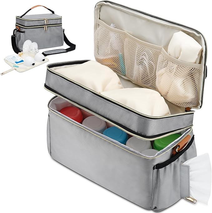 Breastmilk Cooler Bag with 6 Ice Pack, Wearable Breast Pump Bag Compatible with Willow, Elvie, Medela & Momcozy M5/S12 Pro Pumps & Accessories for Work, Travel and Family Use Grey-CubbioJoy