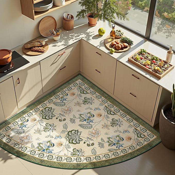jinchan Floral Corner Rug for Living Room Washable Bedroom Rug Vintage Romance Design Non Slip Quarter Circle Lightweight Low-Pile Throw Carpet for Reading Nook Playroom,6ft Radius, Green/Beige-CubbioJoy