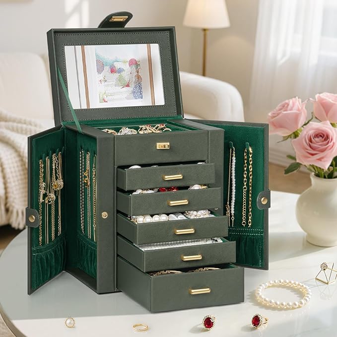 AKOZLIN Jewelry Box Organizer Functional Leather Jewelry Storage Case for Women Girls Ring Necklace Earring Bracelet Holder Organizer with Mirror-CubbioJoy