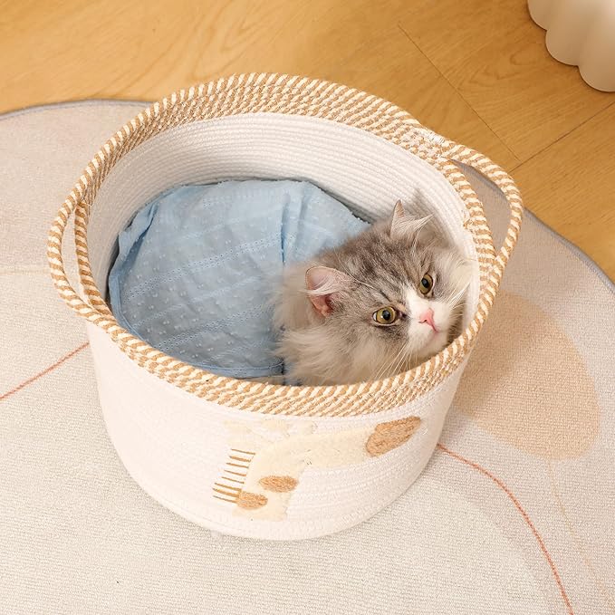 INough Toy Storage Baskets Woven Cotton Rope Storage Basket for Kids, Blanket Baskets for Living Room Toys Organizer with Embroidery Decor, Cute Baskets with Handle for Nursery, Playroom (Giraffe)-CubbioJoy