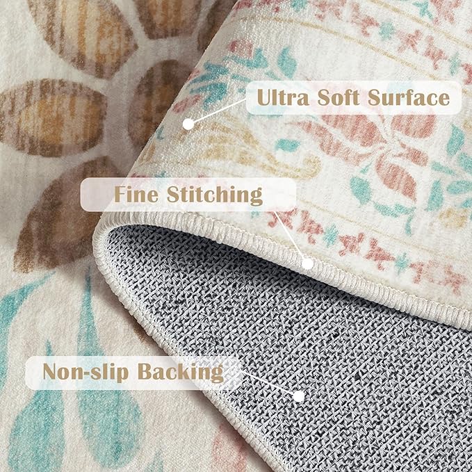 jinchan Floral 5x7 Area Rugs for Nursery - Machine Washable Vintage Distressed Design Soft Ultra-Thin Low-Pile Non-Slip Kids Carpet for Bedroom Living Room Dining Room Home Office (5x7ft,Apricot)-CubbioJoy