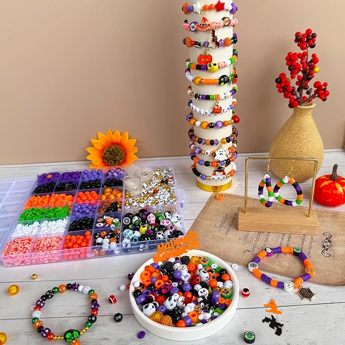 3140Pcs Halloween Beads for Bracelet Jewelry Making Kit, Halloween Clay Beads Black White Orange Purple Pumpkin Round Letter Star Skull Bead Bulk with Ghost Witch Hat Charm for DIY Craft Earring-CubbioJoy