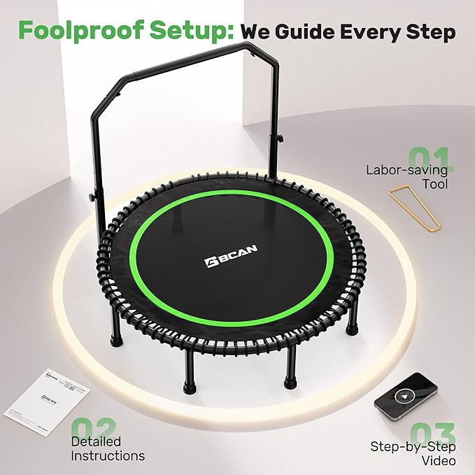 BCAN 40"/48" Mini Rebounder Trampoline for Adults with Bar, 450/550LBS Fitness Trampoline with Bungees, Adjustable Handle, Stable & Quiet, Indoor Outdoor, Whole-Body Workout & Relaxation at Home-CubbioJoy