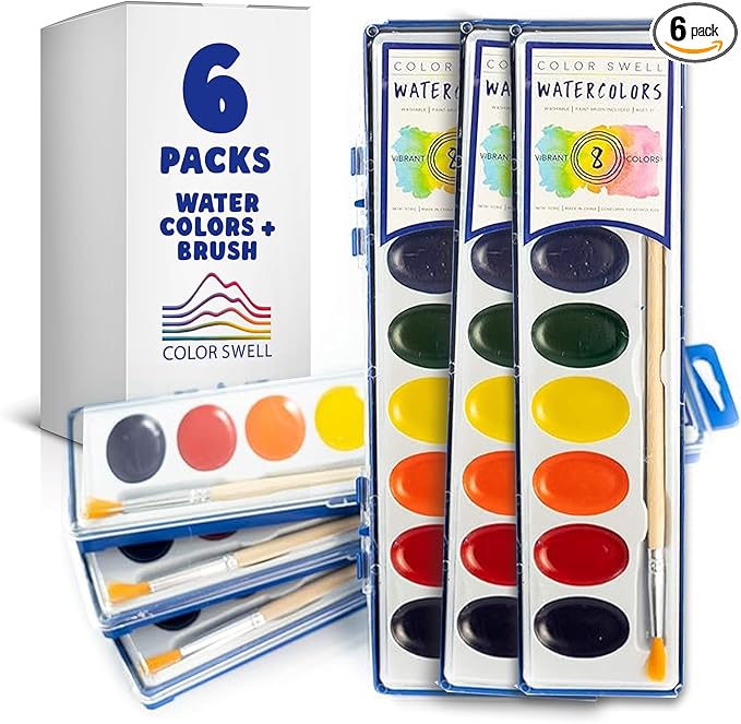 Color Swell 6 Pack Bulk Watercolor Paint Pack with Wood Brushes 8 Colors Washable Water Colors Great for Kids, Parties, Students, All Ages-CubbioJoy