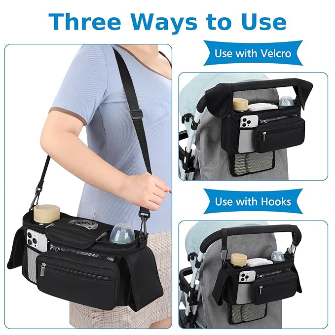 Accmor Universal Stroller Organizer with Insulated Cup Holder Detachable Phone Bag and Shoulder Strap,Stroller Bag Caddy Organizer Fits for Uppababy, Baby Jogger, Britax Strollers-CubbioJoy
