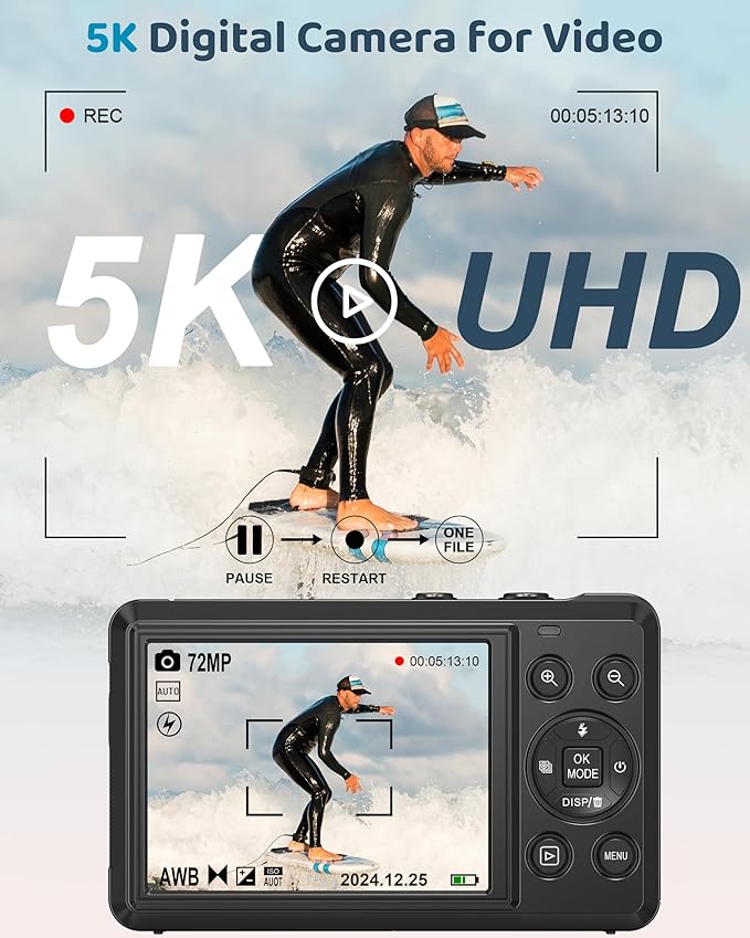 5K Digital Camera - 72MP UHD Digital Cameras for Photography - Autofocus Point and Shoot Small Camera with Flash for Kids - 2.8 Inch Screen Compact Portable Vlogging Camara with 16X Zoom, 32GB SD Card-CubbioJoy