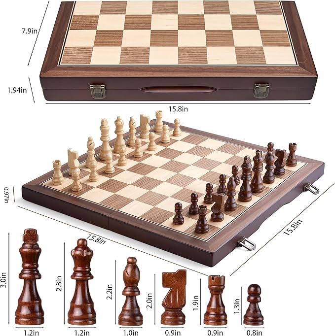 AMEROUS 15'' Magnetic Wooden Chess Set for Adults Kids - with Folding Board, Gift Package, Pieces Storage Slots, Handmade Pieces,Chess Board Game Set for Tournament Professional Beginner-CubbioJoy