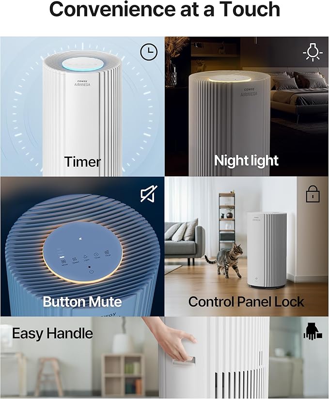 COWAY Air Purifiers for Large Room Whole Home Up to 2,640 ft², True HEPA Filter for Smoke, Allergies, Pet Dander, Odor, PM 10 AQI, Turbo Eco Mode, Timer, Energy Star, 3yr Warranty, Airmega 350 White-CubbioJoy
