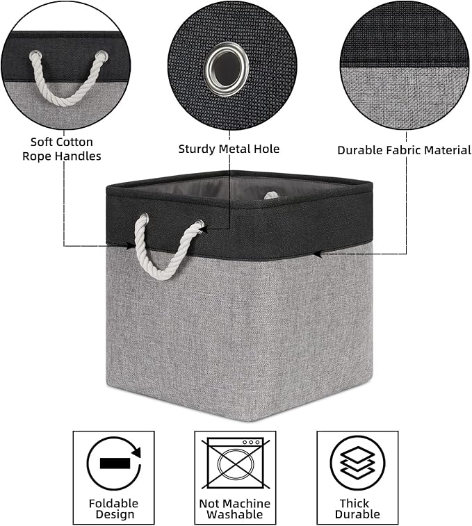 Bidtakay Fabric Cube Storage Bins for Organizing 13x13 Large Storage Baskets Decorative Storage Bins for Home Storage Set of 3 Shelf Organizer Bins for Toy Storage (Black&grey)-CubbioJoy