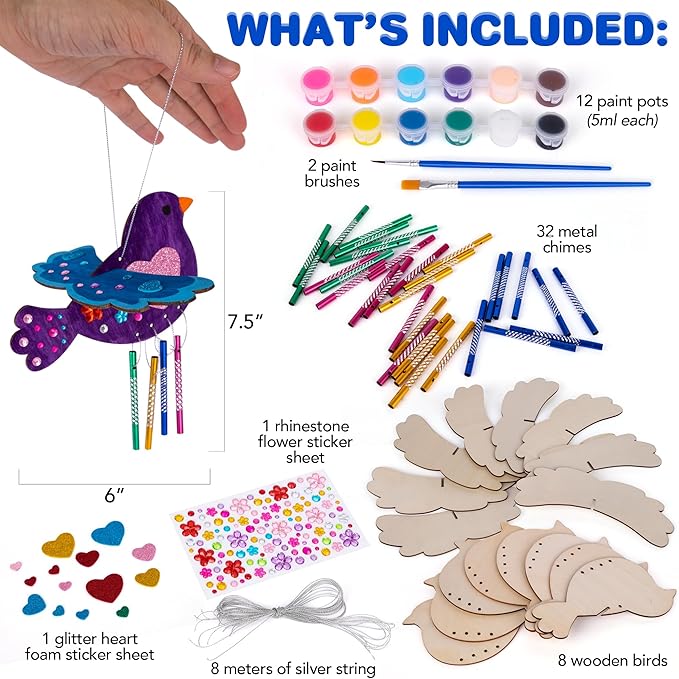 ArtCreativity DIY Wind Chime Kit for Kids - 8 Pack - Wooden Wind Chime Set with Paint Kit, Rhinestone Flower Stickers, Glitter Heart Foam Stickers, and More - Summer Arts and Crafts for Kids 3 and Up-CubbioJoy