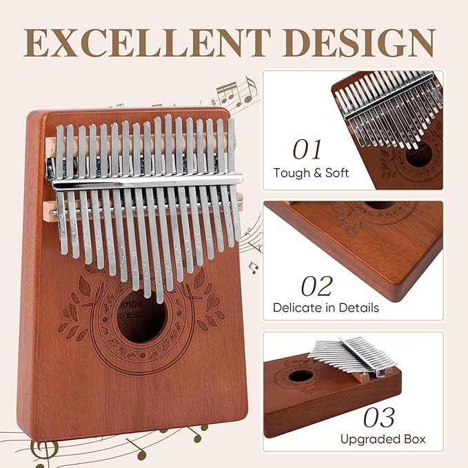 Kalimba Thumb Piano 17 Keys Instrument: Portable Mbira Finger Pianos Musical Gifts for Kids Adults Beginners - Mahogany Wood Handheld Piano with Tune Hammer, Music Book-CubbioJoy