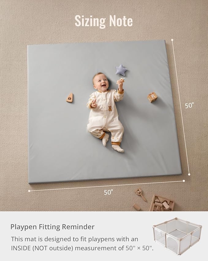 Blissful Diary Vegan Leather Baby Play Mat, 50x50 Thicken Foam Cushioned & Waterproof Playpen Mat for Infants and Toddlers, Stylish and Just Wipe-Clean Playmat for Baby Play on Floor, Light Gray-CubbioJoy