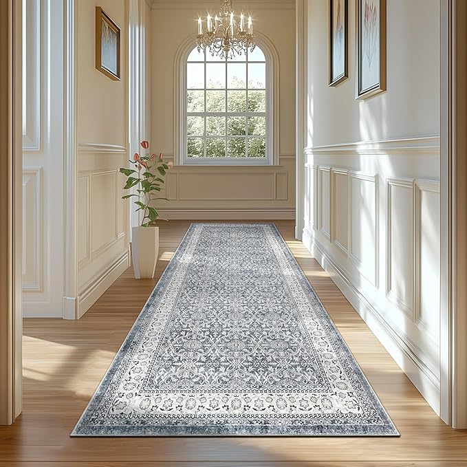 jinchan Hallway Runner Rug 3x10 - Machine Washable Grey Vintage Floral Distressed Design Soft Non-Slip Low-Pile Ultra-Thin Runner Rug for Kitchen Laundry Room Bedroom Farmhouse (3‘x10',Grey)-CubbioJoy