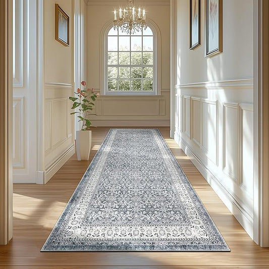 jinchan Hallway Runner Rug 3x10 - Machine Washable Grey Vintage Floral Distressed Design Soft Non-Slip Low-Pile Ultra-Thin Runner Rug for Kitchen Laundry Room Bedroom Farmhouse (3‘x10',Grey)-CubbioJoy