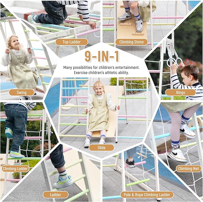 JAXPETY 9-in-1 Indoor Playground, Indoor Jungle Gym for Kids, Toddler Montessori Climbing Gym, Inside Play Gym with Slide, Swing, Monkey Bar, Ladder, Rings-CubbioJoy