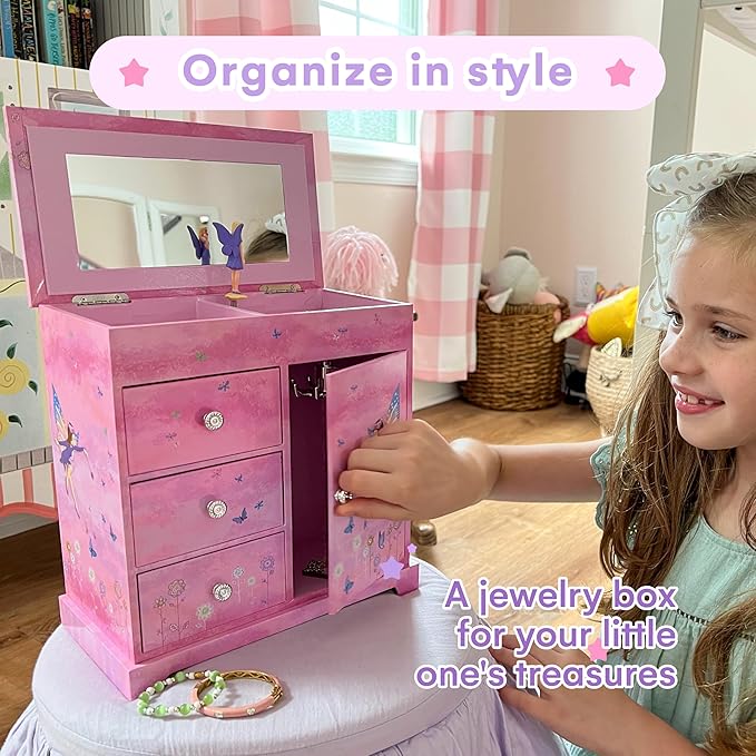 Jewelkeeper Jewelry Box - Jewelry Box for Girls with Ballerina Music Box - 3 Spacious Drawers, Necklace Carousel, Soft Pink Lining and Flowers Design - Sugar Plum Fairy Tune - 9.5 x 7.75 x 9.5 in-CubbioJoy