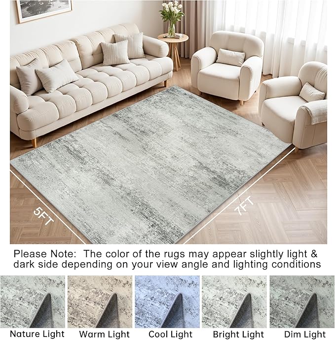 5x7 Area Rugs for Lliving Room Bedroom, Abstract Washable Rugs with Non-Slip Backing, Stain Resistant Thin Carpet for Dorm Dining Room Table Nursery Indoor Home Office-Gray-CubbioJoy