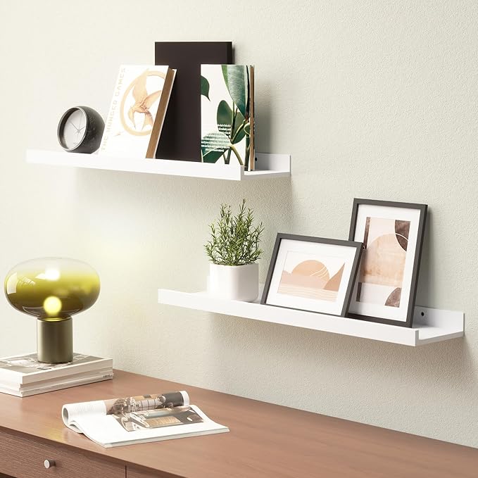 23.6 Inches Long Floating Shelves Wall Mounted, 2 Set Modern White Wall Shelf for Bedroom, Nursery Book Shelf with Lip, Picture Ledge Shelf for Wall Decor Living Room Bathroom Kitchen- White-CubbioJoy