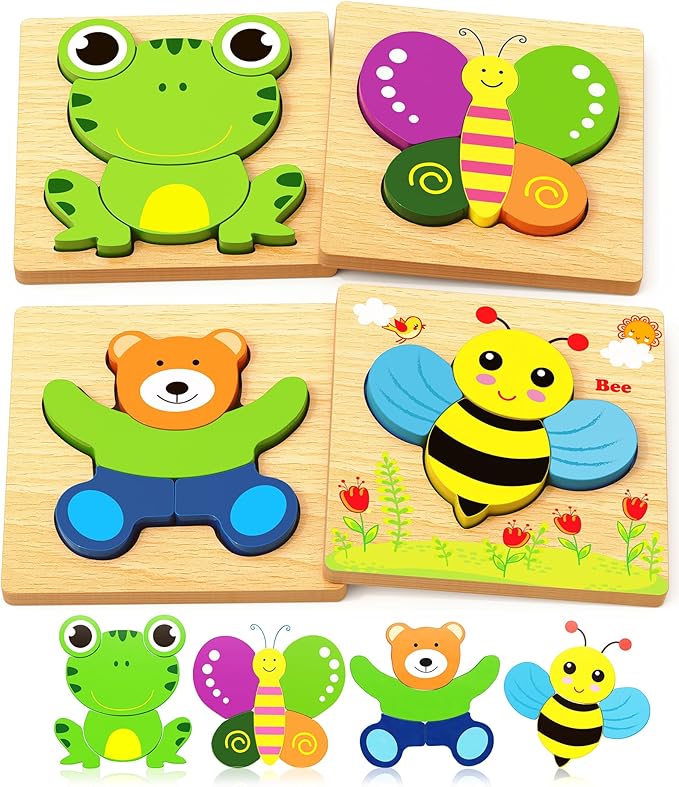 Bekayshad Wooden Puzzles Toddler Toys Gifts for 1 2 3 Year Old Boys Girls, 4 Pack Animal Jigsaw Puzzles Montessori Toys, Learning Educational Christmas Birthday Gifts for Girls Boys Ages 1-3-CubbioJoy
