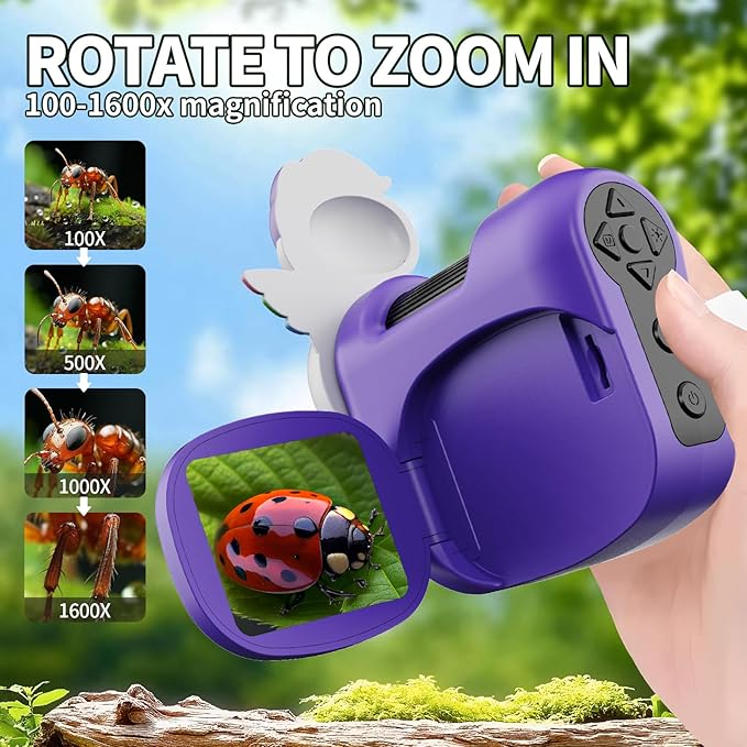 1600X Handheld Microscope for Kids 2" IPS Screen Kit Mini Pocket Digital Microscopes STEM Science with Slides Photo Video Rechargeable Portable Scope Gift for Ages 6-12 (Purple)-CubbioJoy