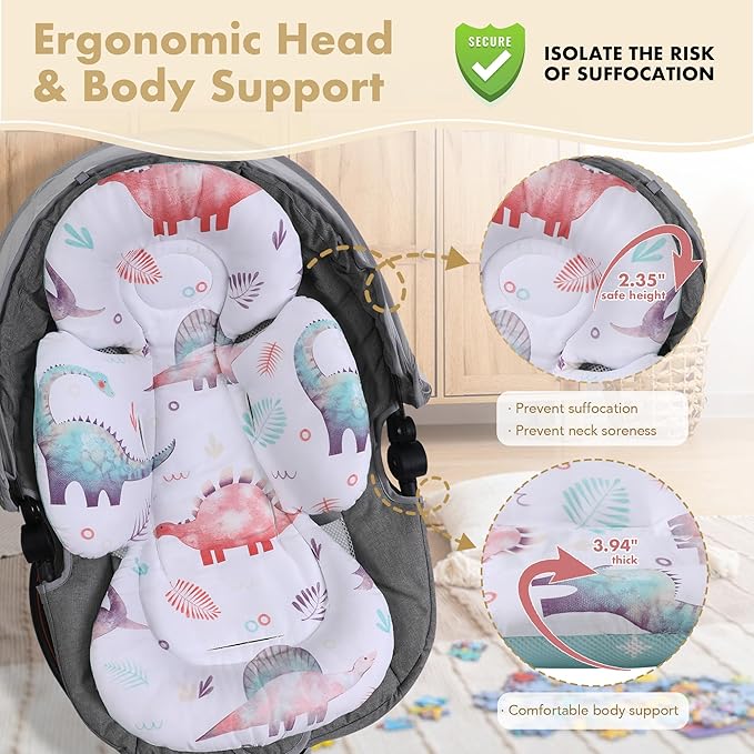Infant Car Seat Insert, 2-in-1 Head & Body Carseat Support for Baby Newborn Toddler with Strap Covers, Reversible Ultra-Soft Cushion for Baby Carseat, Stroller, Swing & Bouncer-CubbioJoy
