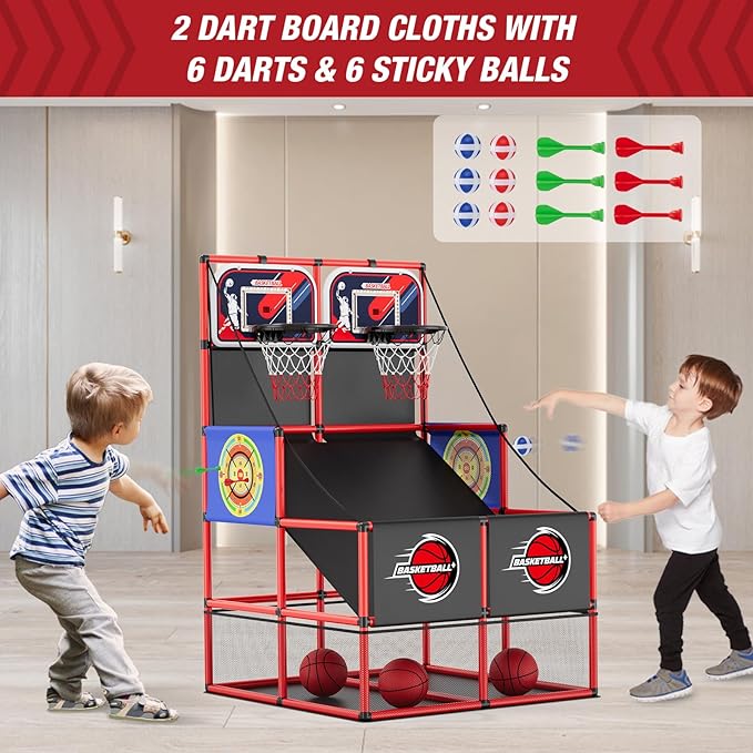2 in 1 Dual Shot Basketball Arcade Game with 2 Dart Boards/Electronic Scoreboard/LED Light, Kids Basketball Hoop for Home Indoor Outdoor, Sport Toys Gifts for Boys Girls-CubbioJoy