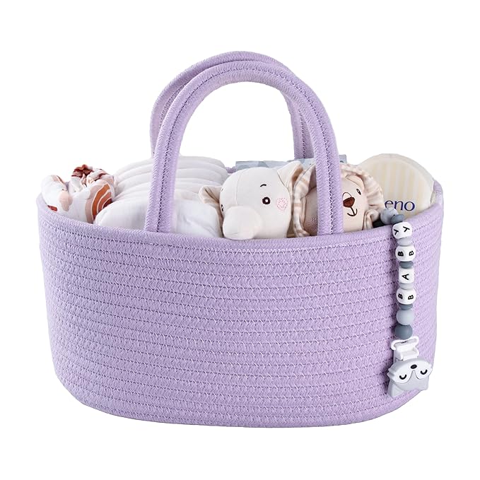 Baby Diaper Caddy Organizer Cotton Rope Nursery Storage Bin Basket Portable Holder Tote Bag for Changing Table Car Travel Baby Shower Gifts Newborn Essentials Registry Must Have Purple or Lavender-CubbioJoy