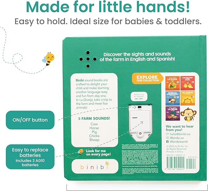 Binibi Spanish Books for Babies & Toddlers 1-3 La Granja Interactive Bilingual Sound Book with Farm Animal Sounds | Bilingual Children's Book | Spanish Learning for Kids | Libro en español para bebés-CubbioJoy