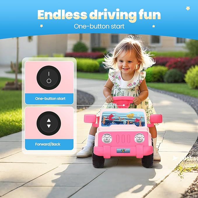 6V Toddler Ride On Car Interactive Electric Car with Horn LED Front Light Rear Storage Ocean Theme Perfect for Boys & Girls 18+ Months Safe Fun and Exciting for Little Explorers(Pink Ocean)-CubbioJoy