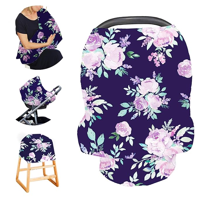 Carseat Cover Girls, Multiuse - Nursing Breastfeeding Covers, Purple Flower Theme, Car seat Canopy, Stretchy Soft Breathable-CubbioJoy