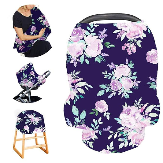 Carseat Cover Girls, Multiuse - Nursing Breastfeeding Covers, Purple Flower Theme, Car seat Canopy, Stretchy Soft Breathable-CubbioJoy