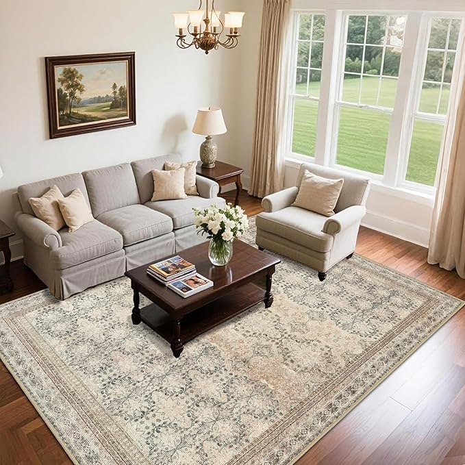 5x7 Washable Area Rug for Living Room Rustic, Non Slip Vintage Floral Bedroom Rugs Retro, Traditional Indoor Floor Carpet for Dining Room, Kitchen, Farmhouse, Office Beige/Pink/Orange-CubbioJoy