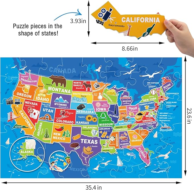 Jumbo Floor Puzzle for Kids,USA Map Puzzle Jigsaw Geography Puzzles,70 Piece US Map 50 States with Capitals,United States Puzzle for Ages 3-5,Preschool Learning Toys Gift for 4-8 Years Old-CubbioJoy