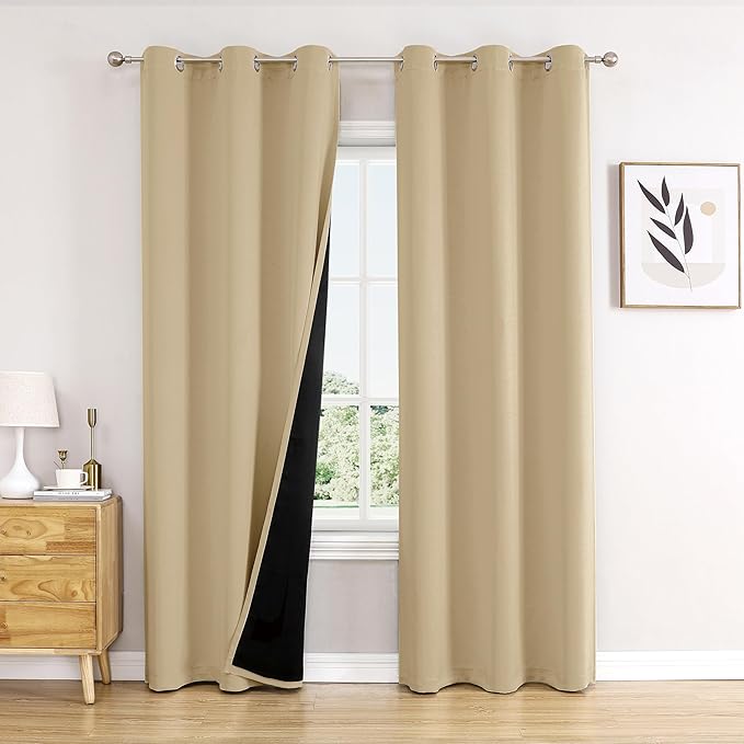 ChrisDowa 100% Blackout Curtains 78 inch Long for Bedroom with Black Liner, 2 Thick Layers Total Blackout Thermal Insulated Grommet Window Curtains 2 Panels Set (Beige, 42 x 78 Inch)-CubbioJoy