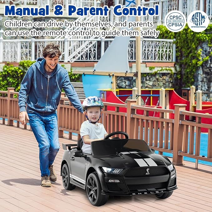 Costzon Ride on Car, 12V Licensed Ford Mustang Shelby GT500 Kids' Electric Vehicles w/Remote Control, USB Port, Radio, Music, Player, High Low Speed & Soft Start, Racing Kids Car for Toddler (Black)-CubbioJoy