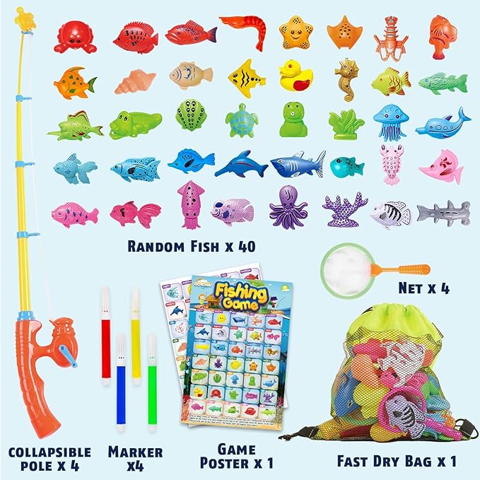CozyBomB™ Magnetic Fishing Toys Game Set for Kids | Water Table Bathtub Kiddie Pool Party & Pole Rod Net, Plastic Floating Fish Toddler Color Ocean Sea Animals Birthday Age 3 4 5 6 Year-CubbioJoy