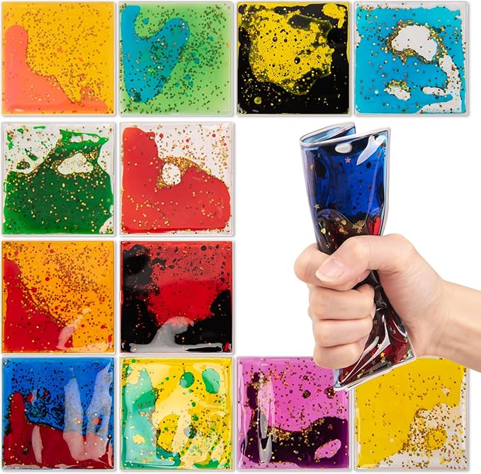 Art3d 6”x6” Square Sensory Fidget Liquid Motion Tiles for Kids, Toddler, Teens - Interactive Soft Gel Liquid Play Mats for Home, Schools, Playrooms, Multi-Pack of 12 Tiles-CubbioJoy