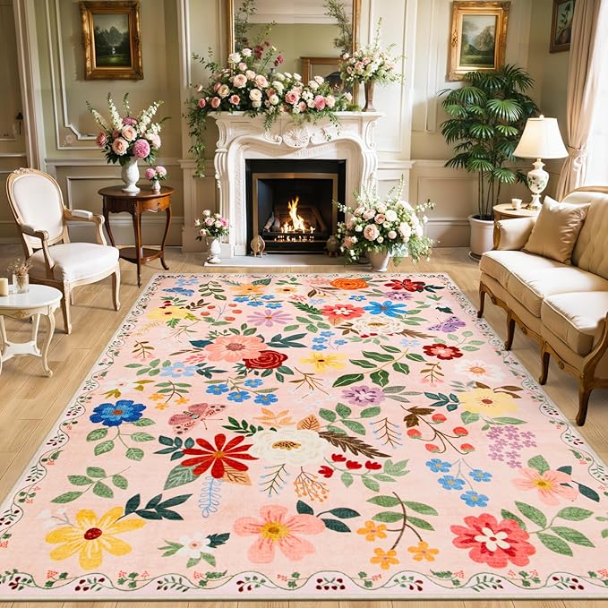 8x10 Area Rugs for Living Room: Floral Washable Rug Vintage Large Soft Boho Non-Slip Carpet Indoor Floor Stain Resistant Carpets for Bedroom Dining Room Farmhouse Nursery Home Office Beige-CubbioJoy