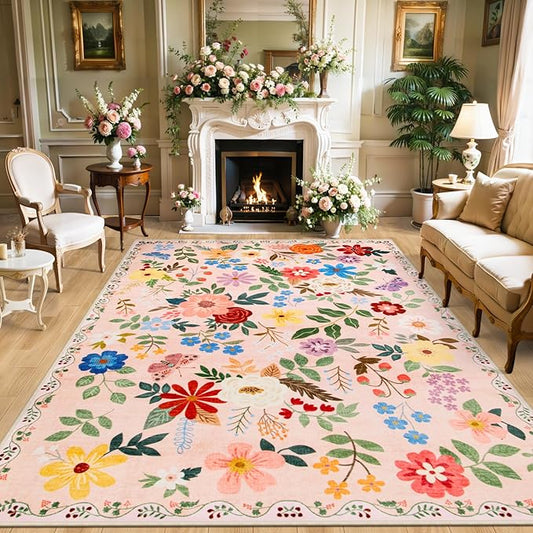 Area Rugs 9x12 Living Room: Floral Washable Rug Vintage Large Soft Boho Non-Slip Carpet Indoor Floor Stain Resistant Low Pile Carpets for Bedroom Dining Room Farmhouse Nursery Home Office Dark Beige-CubbioJoy