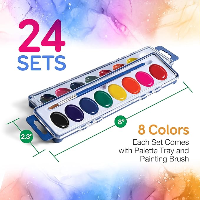Bedwina Watercolor Paint Set- Bulk Of 24 Sets - 8 Water Color Washable Paints, Palette Tray and Painting Brush, for Art Schools and Paint Party Supplies-CubbioJoy