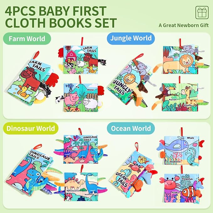 4 Pack Baby Books 0-6 Months, 4PCS Crinkle Books for Babies, Touch and Feel Sensory Books for Babies, Infant Toys 0-6 Months, Soft Fabric Toy Shower Gift, Baby Crinkle Book - 4 Pack Blue-CubbioJoy