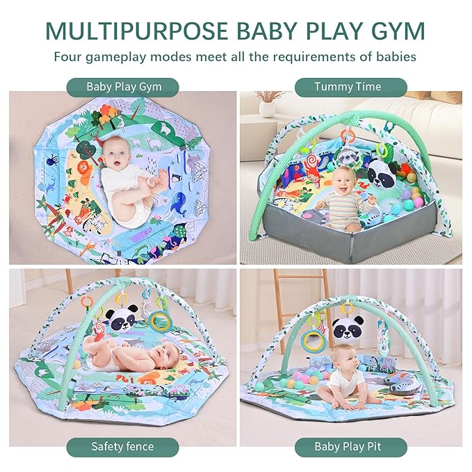 Baby Play Gym & Activity Mat,10-in-1 Tummy Time Mat,Panda Washable Baby Playmat with Detachable Toys,2 in 1 Baby Mat & Fence for Sensory Exploration and Motor Skill Development at Different Stages-CubbioJoy