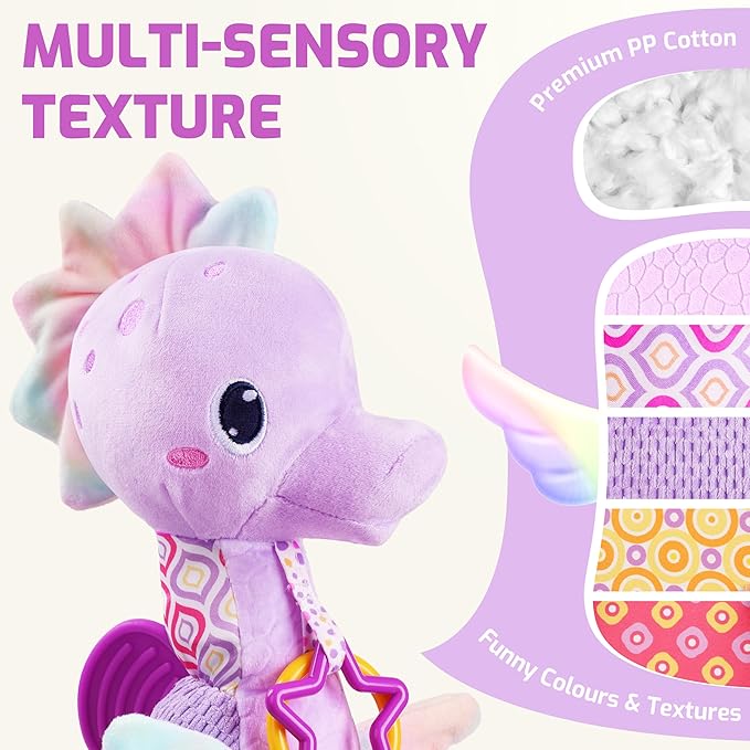 Sumobaby Infant Baby Musical Stuffed Animal Activity Soft Toys with Multi-Sensory Crinkle, Rattle and Textures, for Tummy Time Newborn 0-3-6-12 Months Boys, Girls, Seahorses, Purple-CubbioJoy