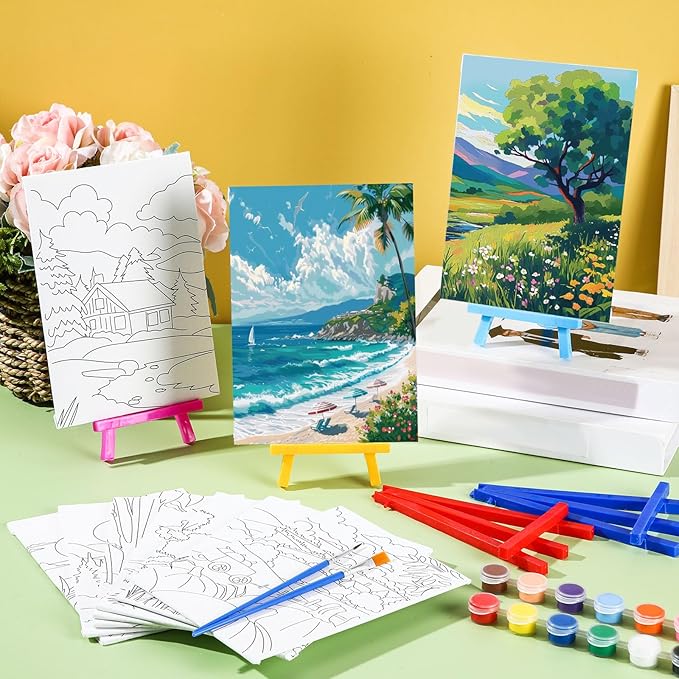 Blosssound 10 Set Pre Printed Canvas Pre Drawn Canvas Painting with Easel Kits 5" x 7" Outline Painting Panels for Beginners, DIY Craft Project, Party Favor, Home Decors(Four Seasons)-CubbioJoy