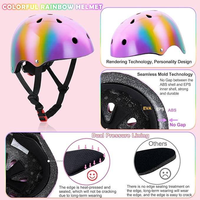 Kids Bike Helmet with DIY Stickers and Knee Pads Elbow Pads Wrist Guard Set for Ages 3-8-14 Toddler Boys Girls Helmet for Roller Skates Cycling Skateboarding Bicycle Scooter-CubbioJoy