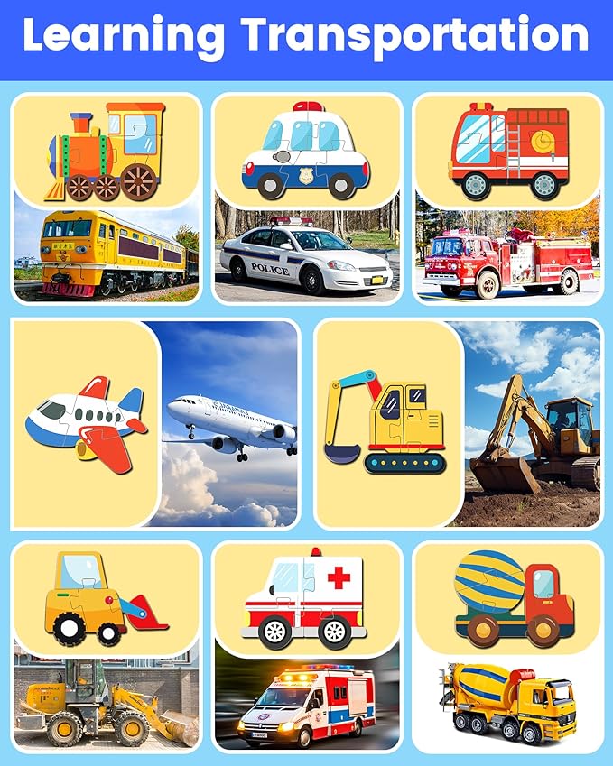 Benresive Wooden Toddler Puzzles, Montessori Toys for 1 2 3 Year Old Boys, Toys for 1 2 3 Year Old Boy Birthday Gifts, 8 Pack Vehicle Toddler Learning Educational Puzzles-CubbioJoy